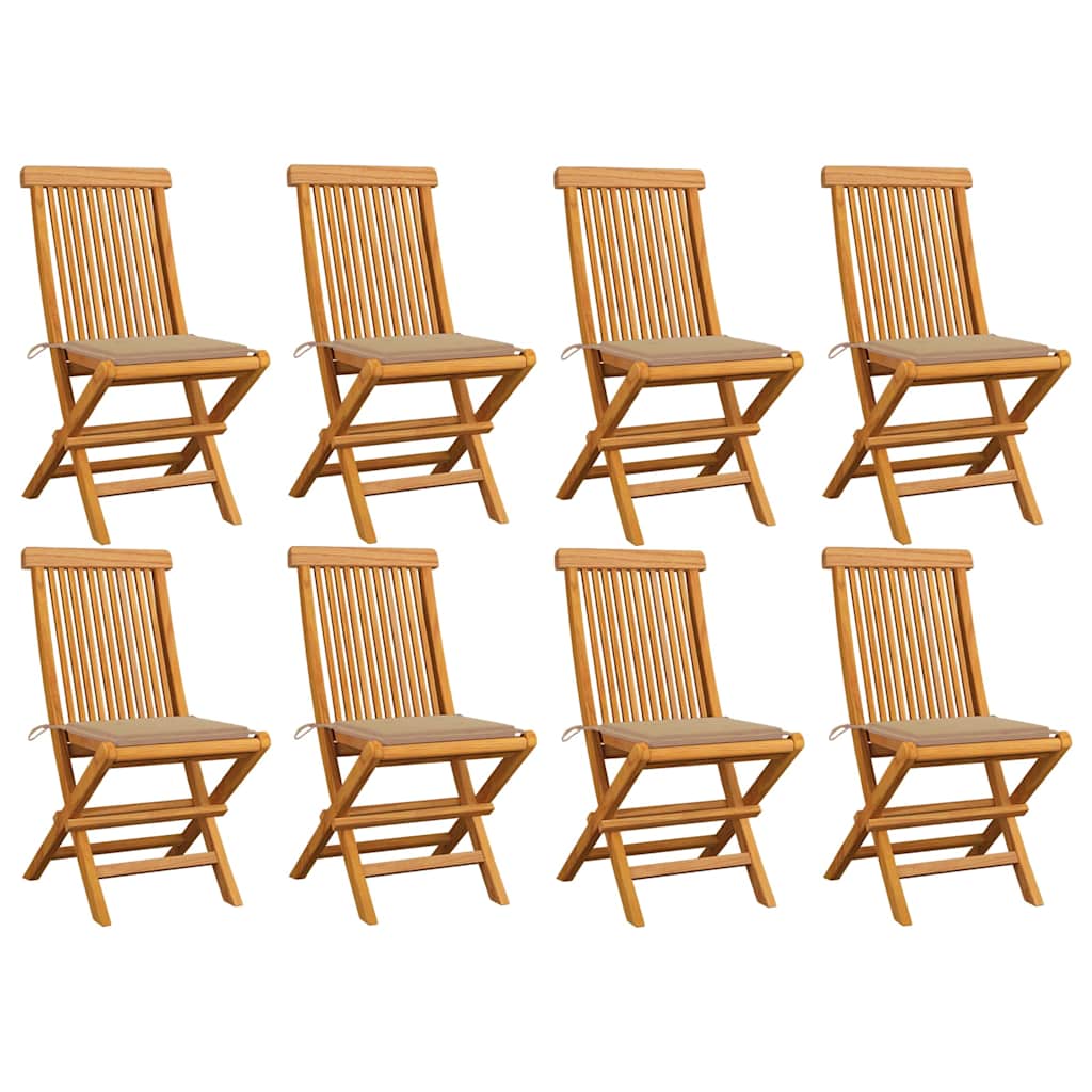 vidaXL Hopfällbara stolar med beige dynor 8 st massivt teakträ