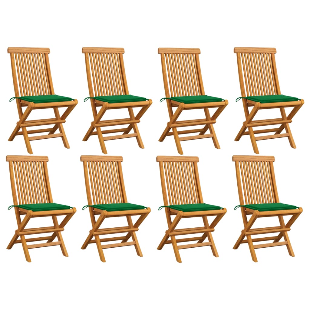 8 db tömör tíkfa kerti szék zöld párnával 