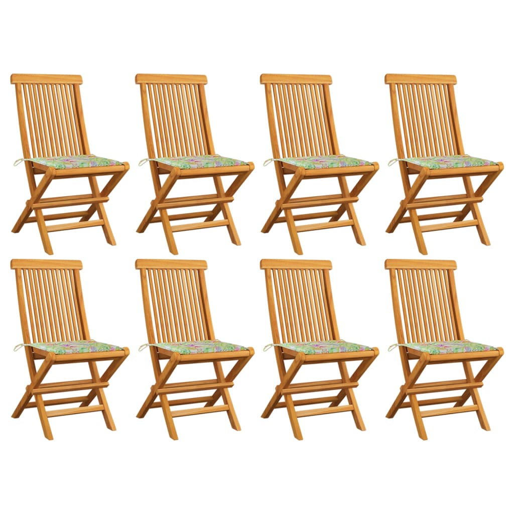 Gartenstühle mit Blattmuster-Kissen 8 Stk. Massivholz Teak kaufen