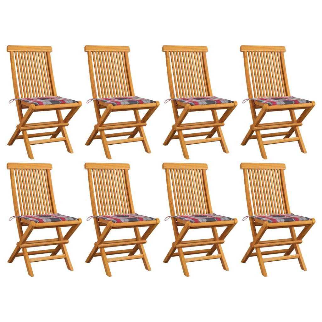 Chaises de jardin avec coussins motif carreaux 8pcs Teck massif