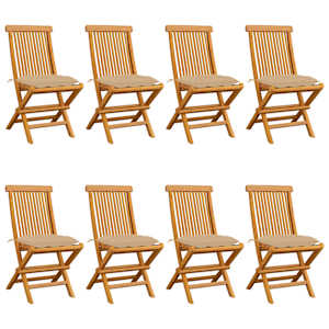 Vrtni stoli z bež blazinami 8 kosov trdna tikovina