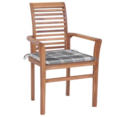 vidaXL Krzesła stołowe z poduszkami w szarą kratę, 6 szt., tekowe