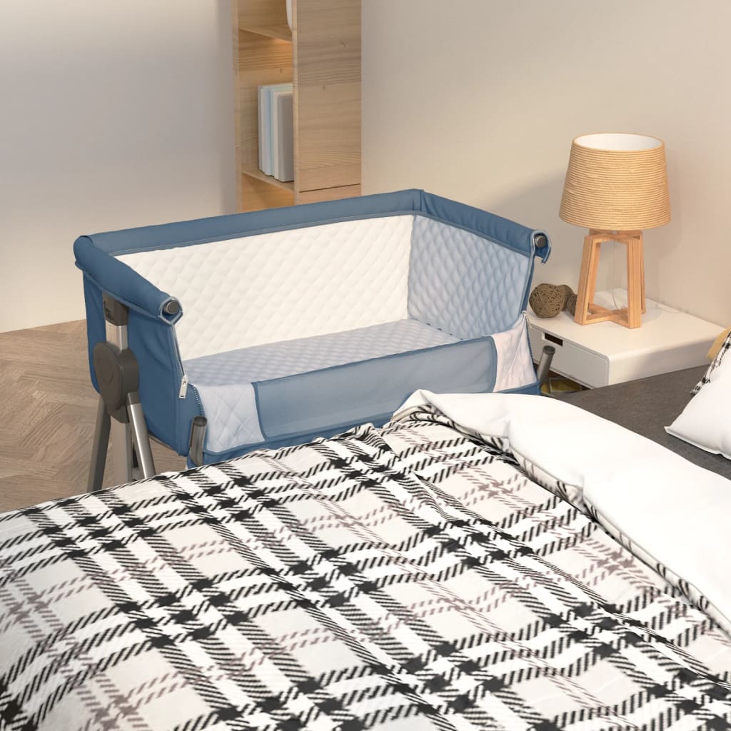 Babybett mit Matratze Marineblau Leinenstoff kaufen