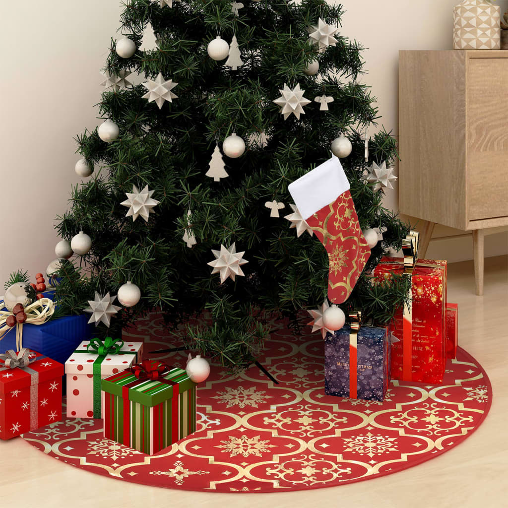 vidaXL Covor fustă de brad Crăciun cu șosetă, roșu, 90 cm, țesătură vidaXL