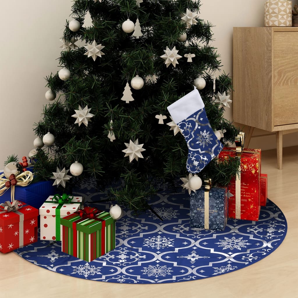 luksuriøs skjuler til juletræsfod med julesok 90 cm stof blå