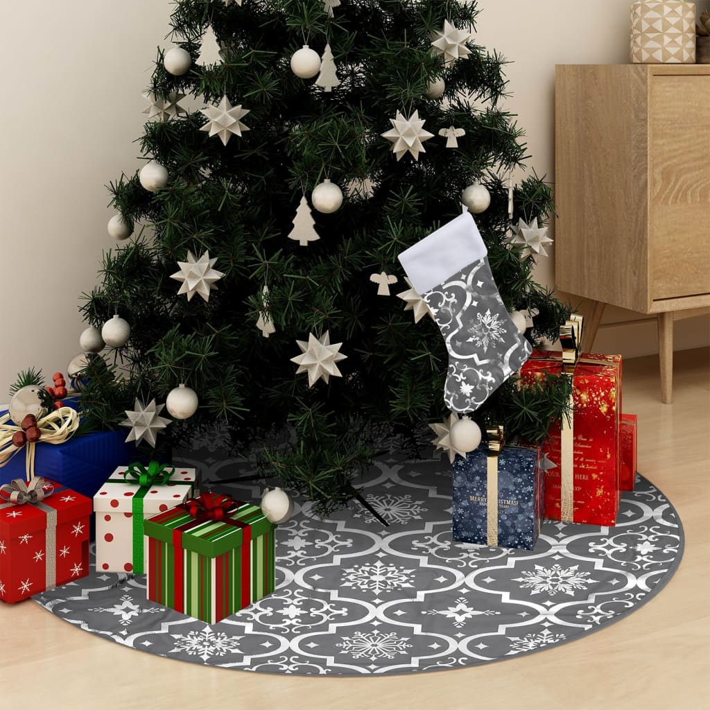 vidaXL Covor fustă de brad Crăciun cu șosetă, gri, 122 cm, țesătură 122 imagine noua