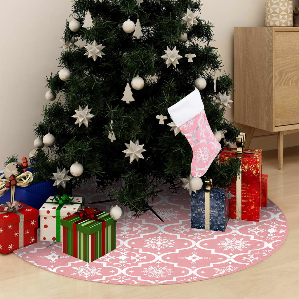 vidaXL Covor fustă de brad Crăciun cu șosetă, roz, 122 cm, țesătură vidaXL