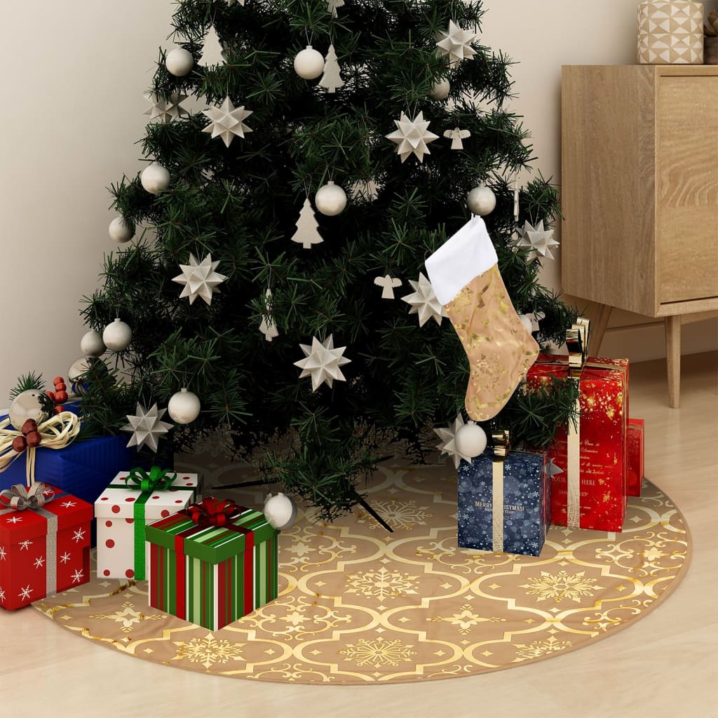 vidaXL luksuriøs skjuler til juletræsfod med julesok 90 cm stof gul