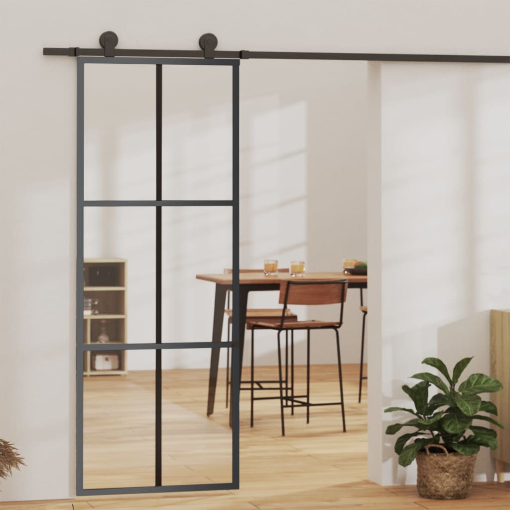 vidaXL Schiebetür ESG-Glas und Aluminium 76x205 cm Schwarz