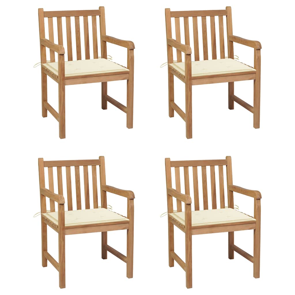 vidaXL Tr&auml;dg&aring;rdsstolar med gr&auml;ddvita dynor 4 st massiv teak