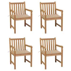 Vrtni stoli 4 kosi z bež blazinami trdna tikovina