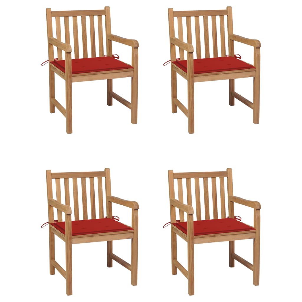 4 db tömör tíkfa kerti szék piros párnával 