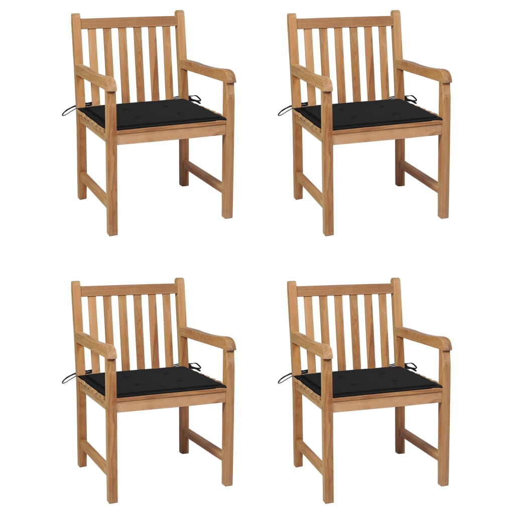4 db tömör tíkfa kerti szék fekete párnákkal 
