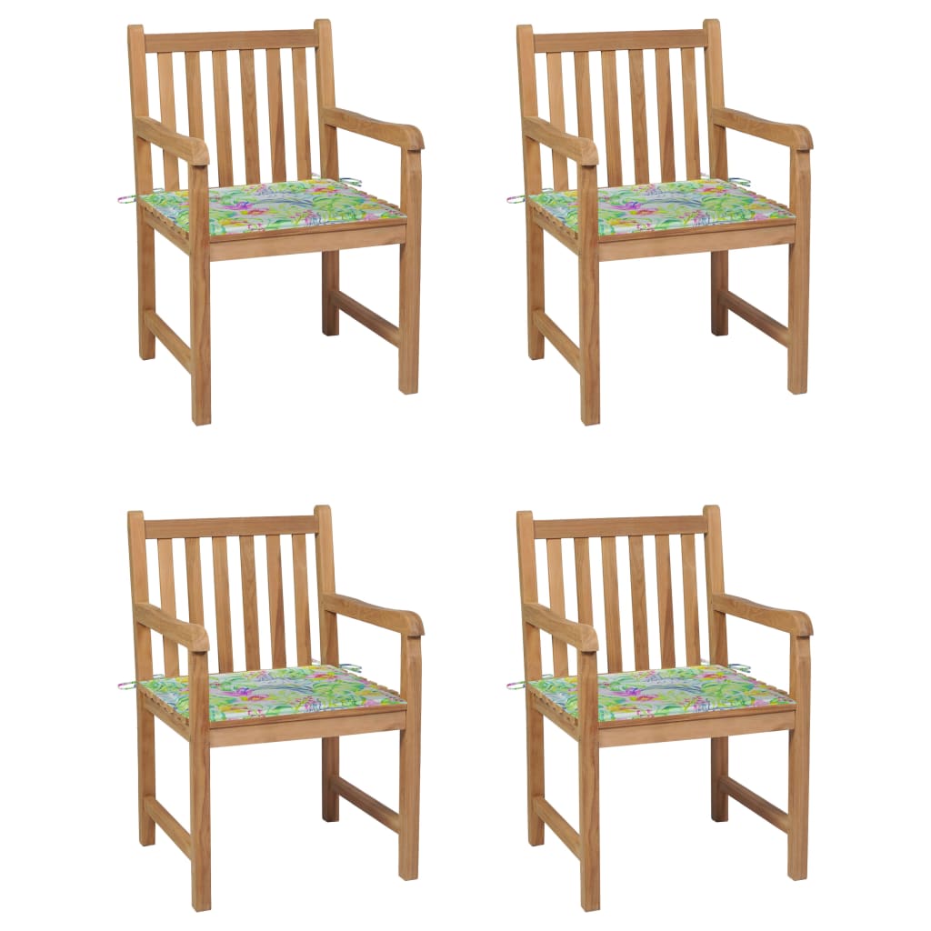 Chaises de jardin 4pcs avec coussins motif feuilles Teck solide
