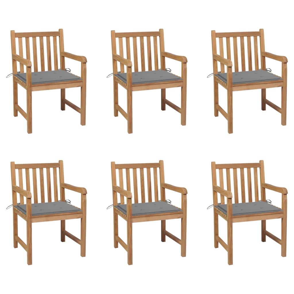 6 db tömör tíkfa kerti szék szürke párnákkal 