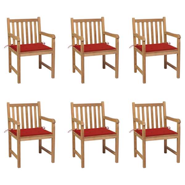 vidaXL aiatoolid, 6 tk, punaste istmepatjadega, tiikpuu
