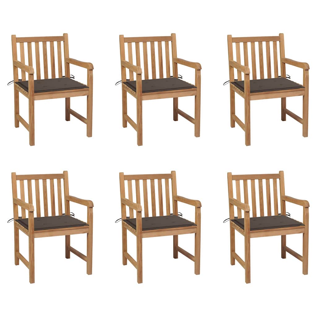 vidaXL Tr&auml;dg&aring;rdsstolar 6 st med taupe dynor massiv teak