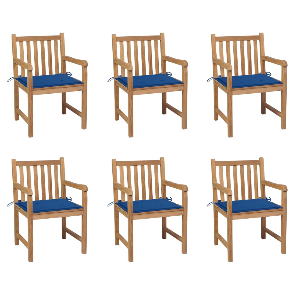6 db tömör tíkfa kerti szék királykék párnákkal 