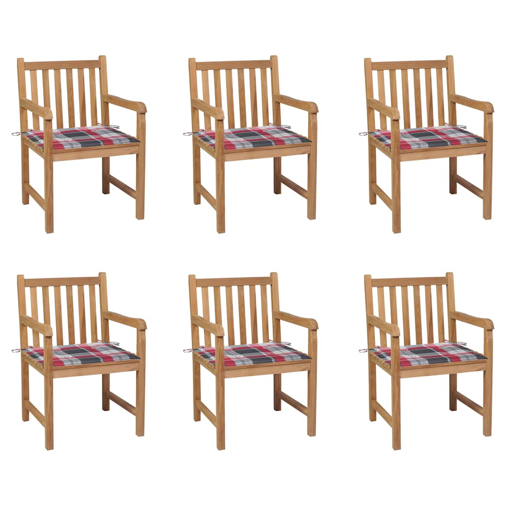 vidaXL Zahradní židle 6 ks červené kárované podušky masivní teak