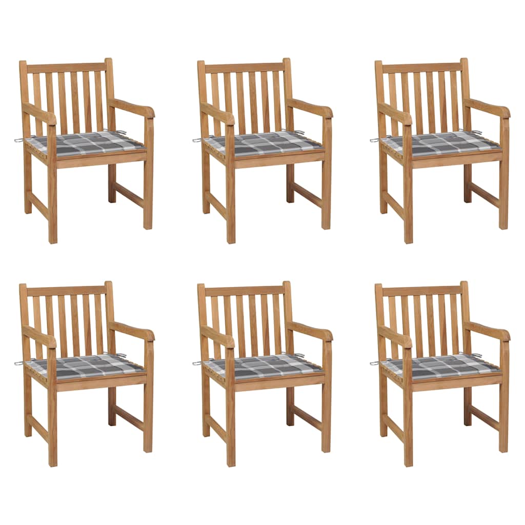 vidaXL Tr&auml;dg&aring;rdsstolar med gr&aring;rutiga dynor 6 st massiv teak