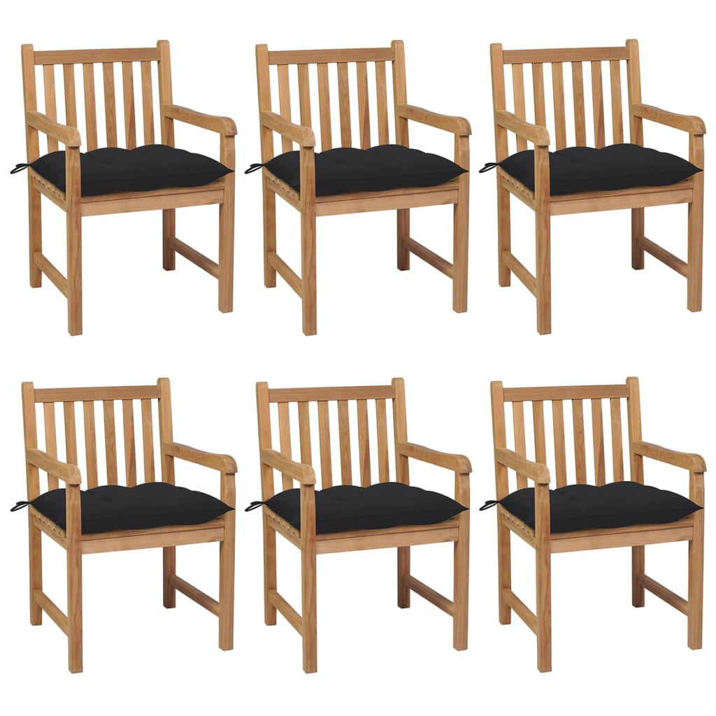 6 db tömör tíkfa kerti szék fekete párnákkal 