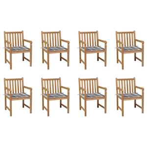 Vrtni stoli 8 kosov s sivimi karo blazinami trdna tikovina