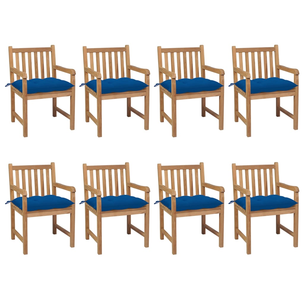 Cadeiras de jardim c/ almofadões azul 8 pcs teca maciça