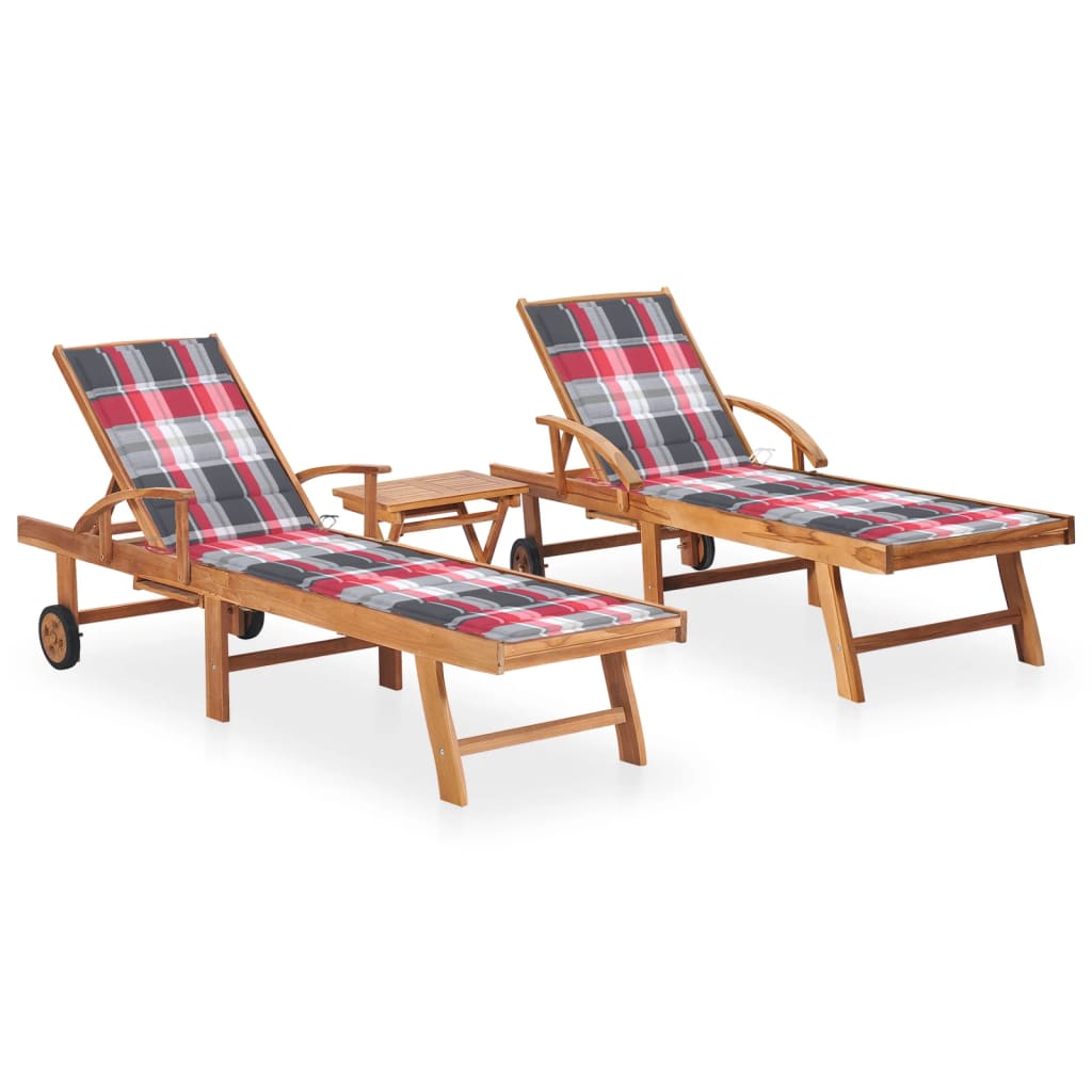 Sonnenliegen 2 Stk. mit Tisch und Auflagen Massivholz Teak