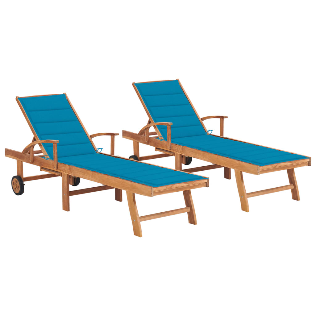 vidaXL Chaises longues 2 pcs avec coussin bleu Bois de teck solide