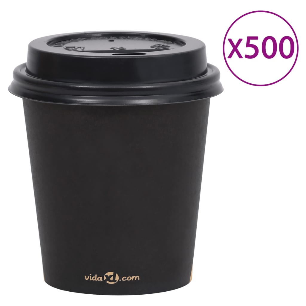 vidaXL Pahare de cafea de hârtie cu capace, 500 buc., negru, 200 ml