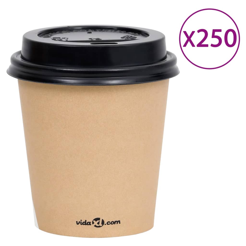 vidaXL Pahare de cafea de hârtie cu capace, 250 buc., maro, 200 ml