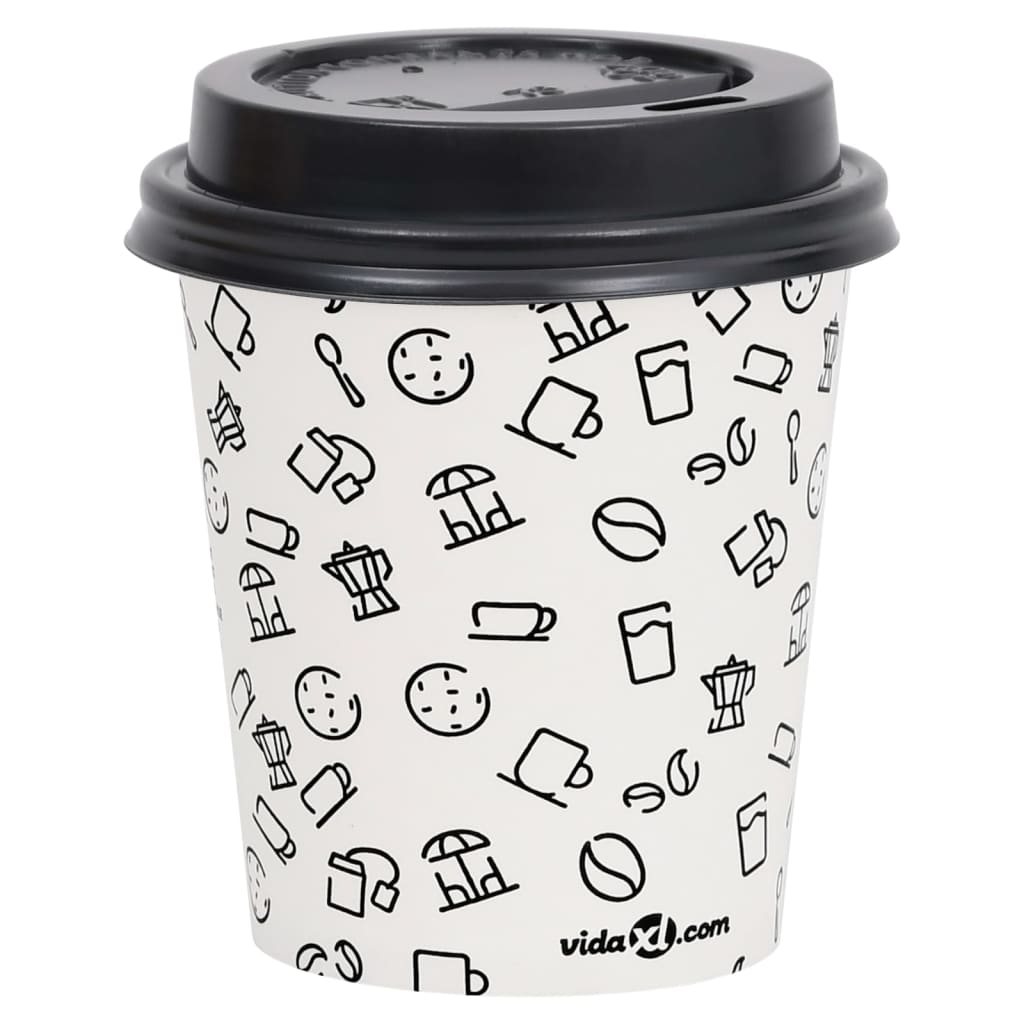 vidaXL Copos de café em papel com tampas 200 ml 100 pcs branco e preto