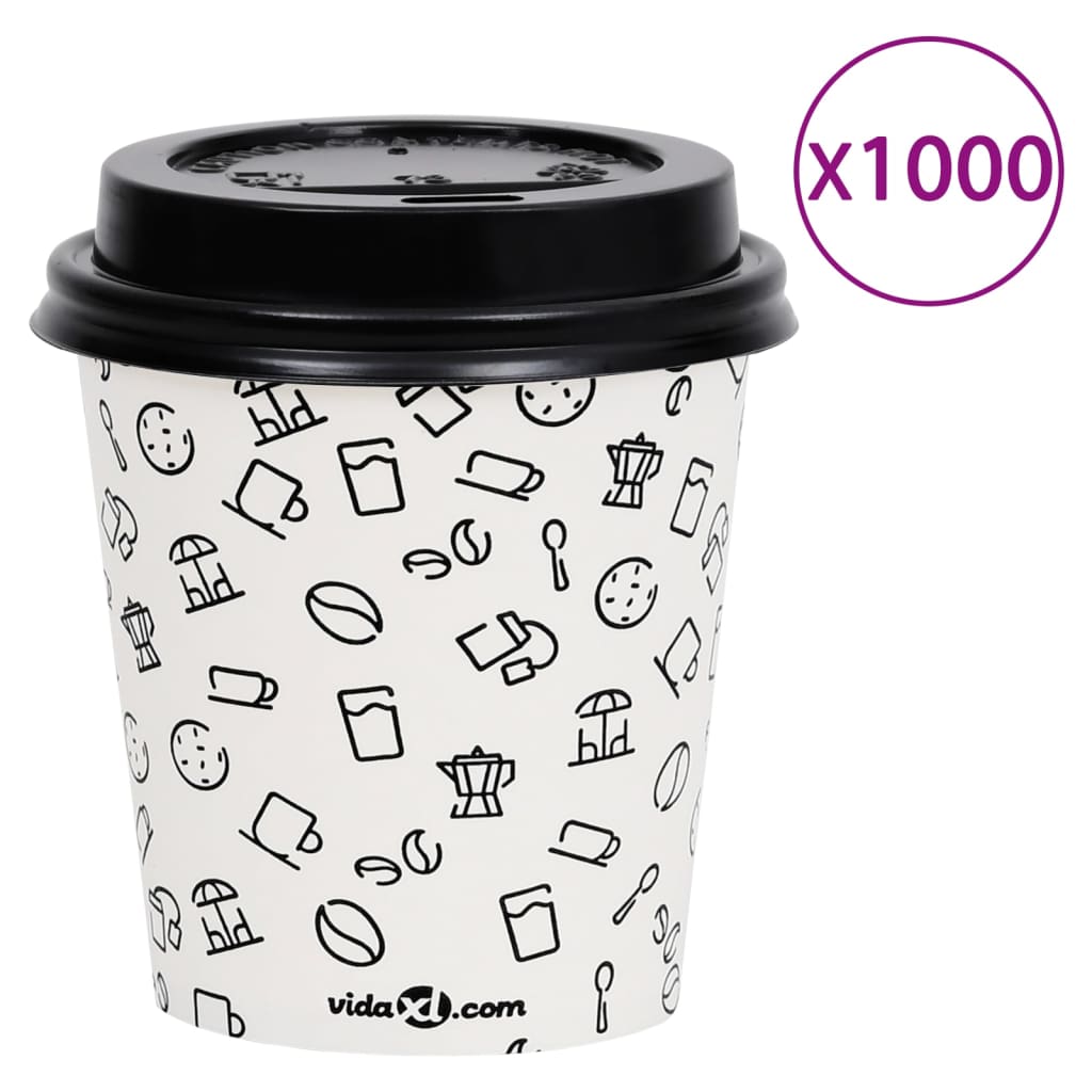 vidaXL Pahare de cafea de hârtie cu capace, 1000 buc. alb/negru 200 ml vidaXL