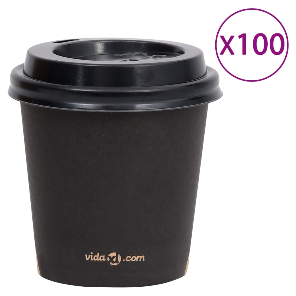vidaXL Pahare de cafea de hârtie cu capace, 100 buc., negru, 120 ml