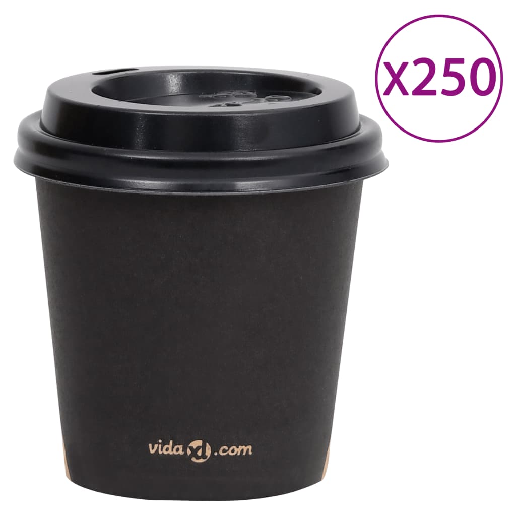 vidaXL Pahare de cafea de hârtie cu capace, 250 buc., negru, 120 ml
