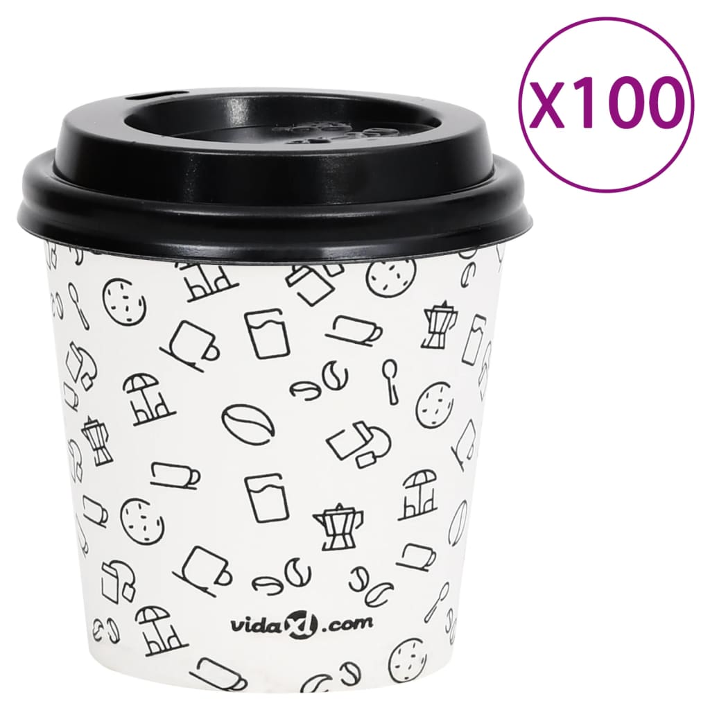 vidaXL Pahare de cafea de hârtie cu capace, 100 buc., alb/negru 120 ml vidaXL