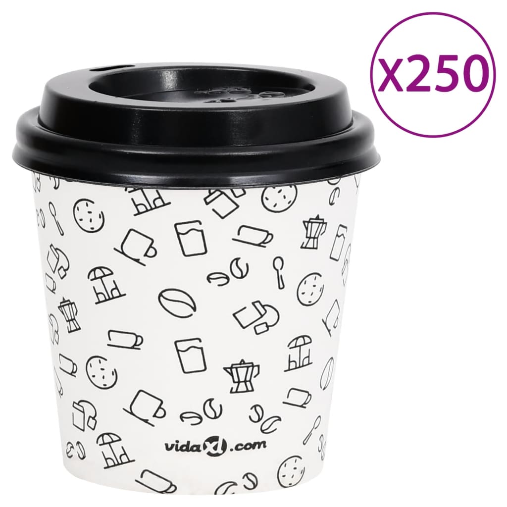 vidaXL Pahare de cafea de hârtie cu capace, 250 buc., alb/negru 120 ml