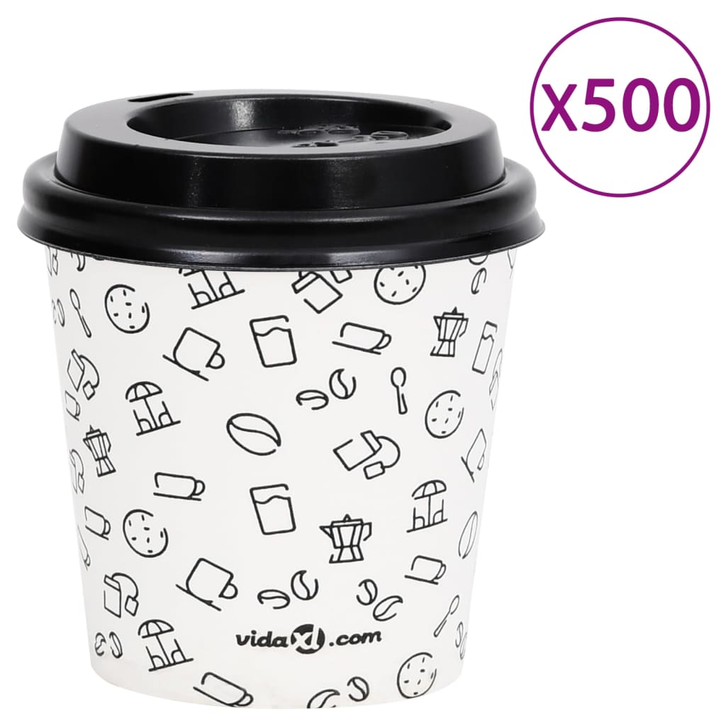 vidaXL Pahare de cafea de hârtie cu capace, 500 buc., alb/negru 120 ml vidaXL