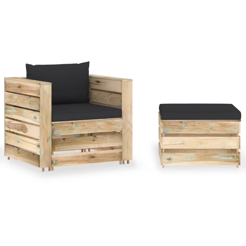 vidaXL Set mobilier de gradina cu perne, 2 piese, lemn verde tratat