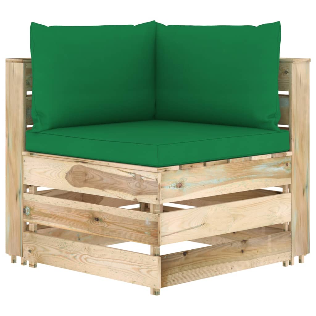 Háromszemélyes zöld impregnált fa kerti kanapé párnákkal 