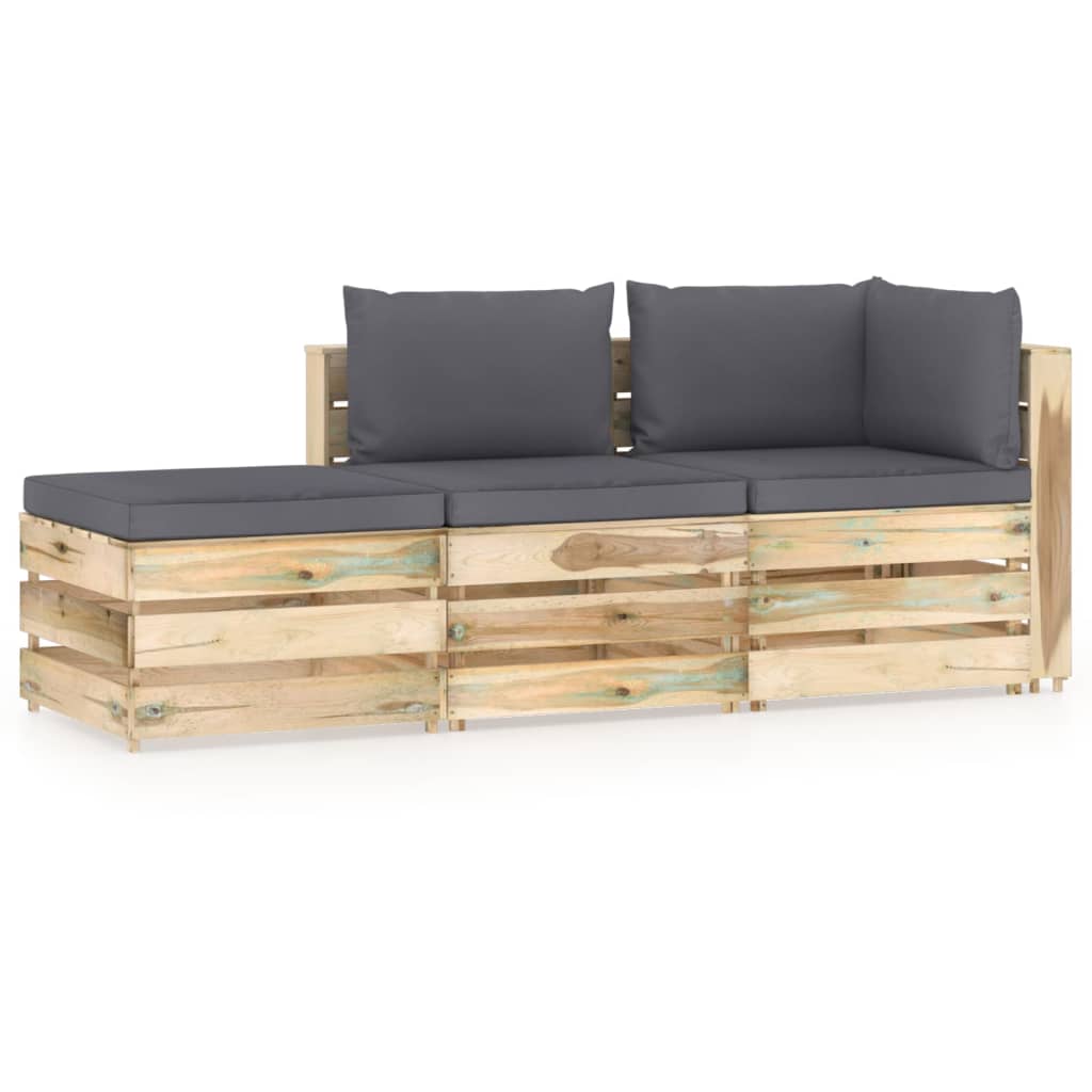 Poza vidaXL Set mobilier de gradina cu perne, 3 piese, lemn verde tratat