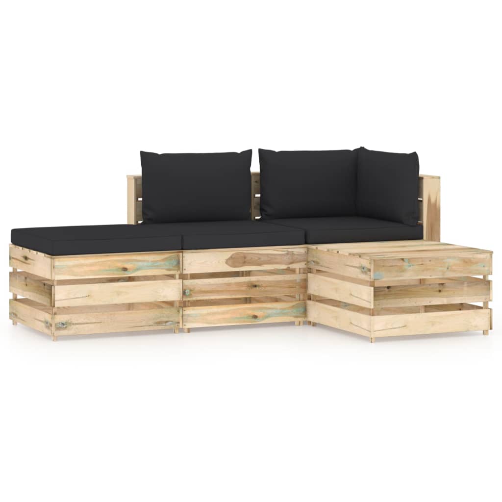 Salon de jardin 4 pcs avec coussins Bois imprégné de vert