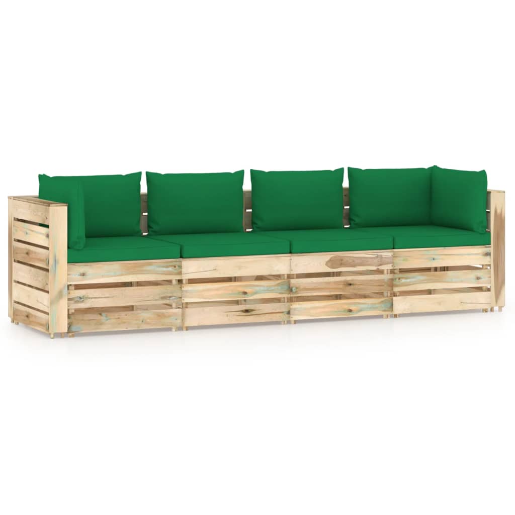 Négyszemélyes zöld impregnált fa kerti kanapé párnákkal 