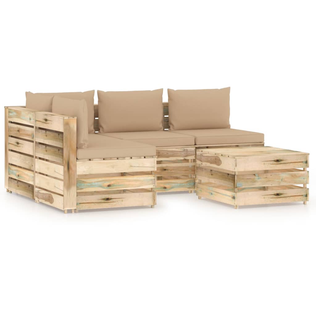 5-delige Loungeset met kussens groen geïmpregneerd hout