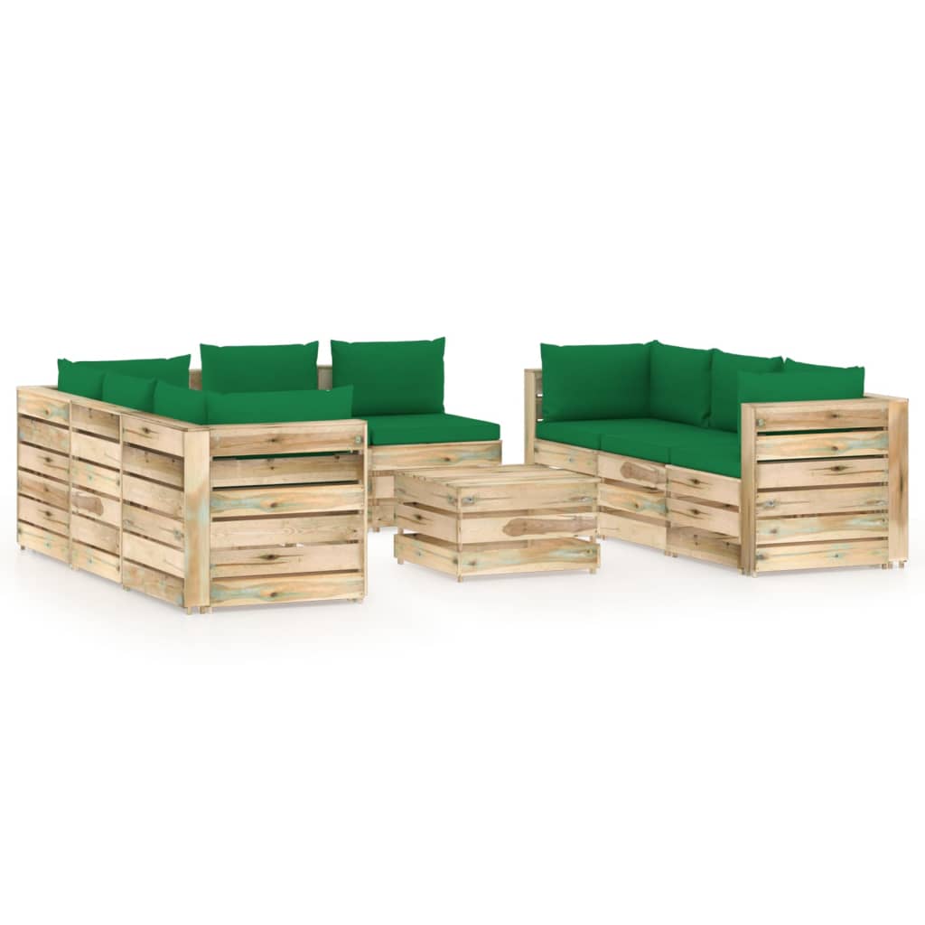Salon de jardin 9 pcs avec coussins Bois imprégné de vert