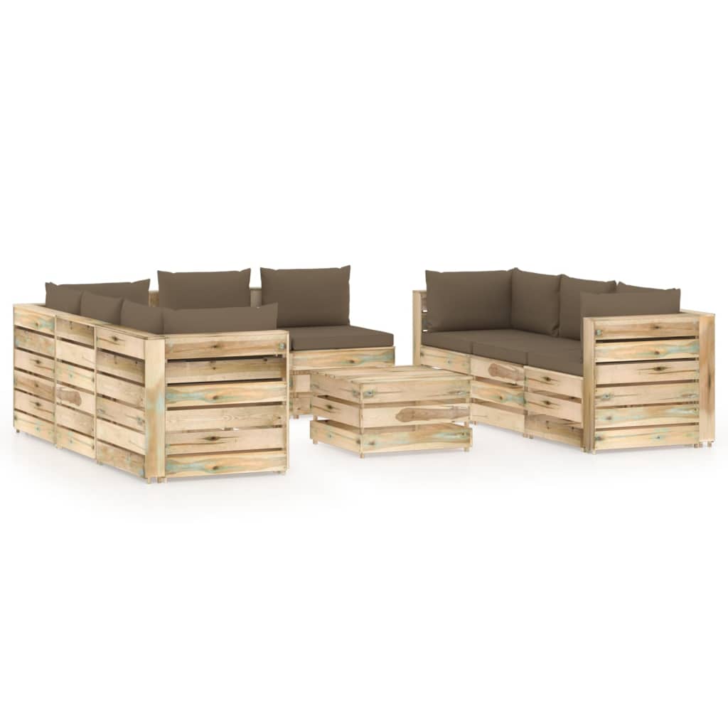 9-delige Loungeset met kussens groen geïmpregneerd hout