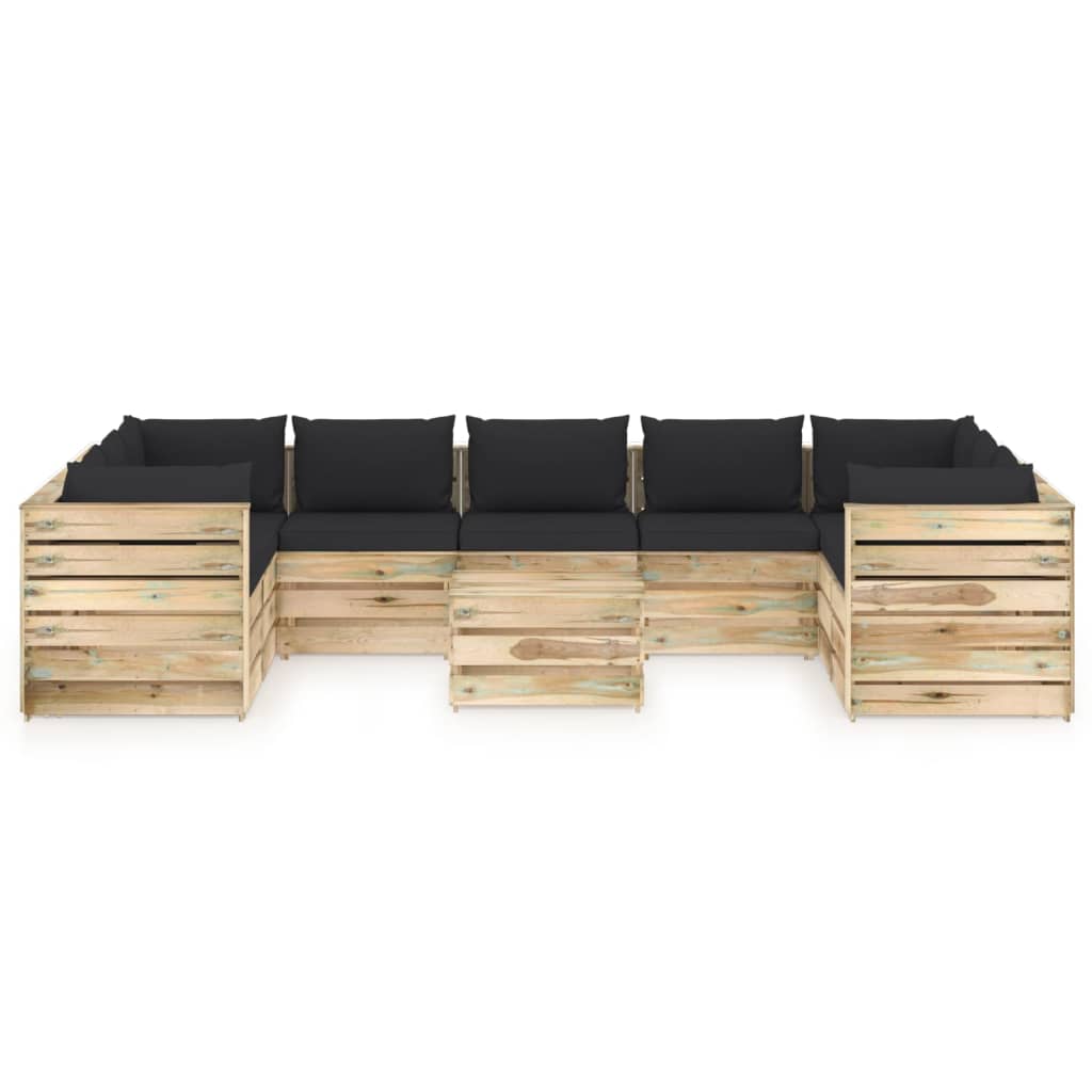 10-delige Loungeset met kussens groen geïmpregneerd hout