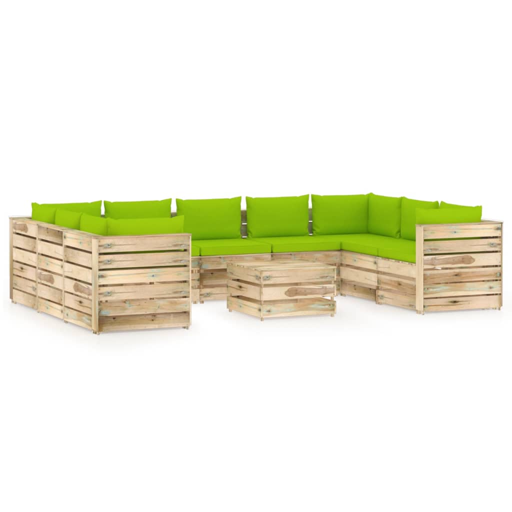Salon de jardin 10 pcs avec coussins Bois imprégné de vert