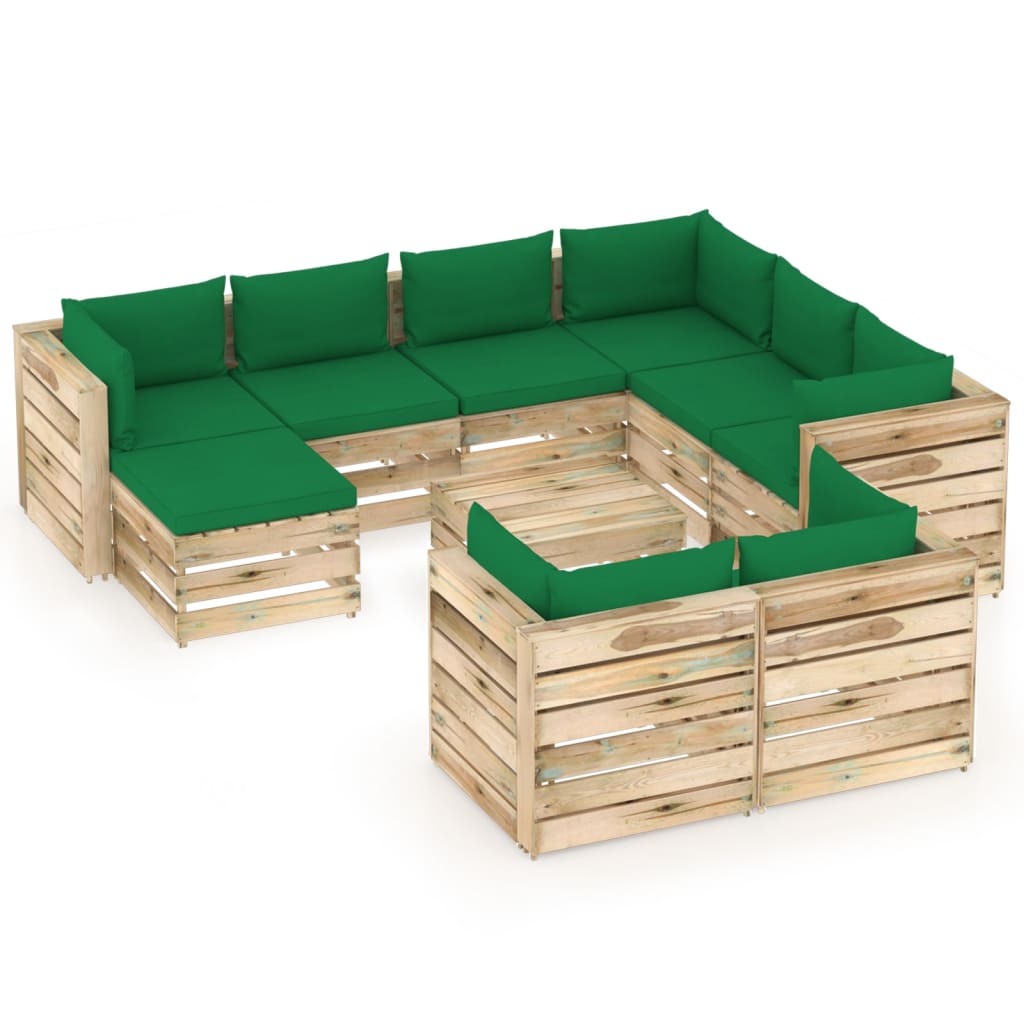 Salon de jardin 10 pcs avec coussins Bois imprégné de vert