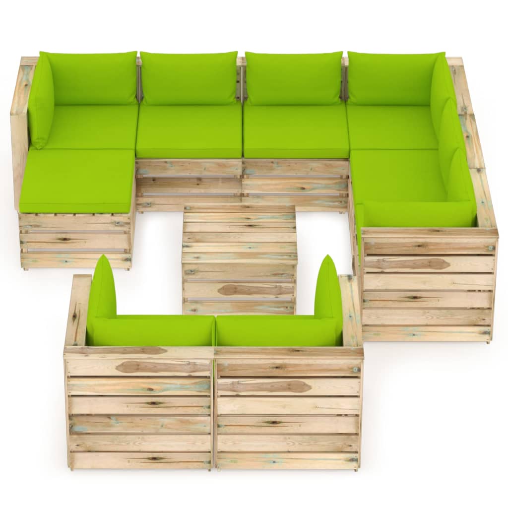 vidaXL 10 pcs conj. lounge jardim c/ almofadões madeira impreg. verde